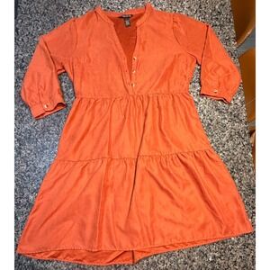 Millenium Burnt Orange Tiered Babydoll Dress V-Neck Long Sleeve Rust Large